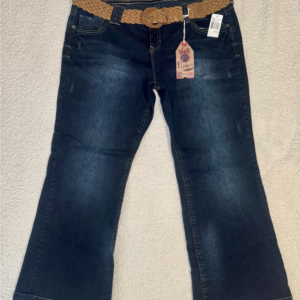 Women's Dark Blue Flare Jeans with Tan Belt